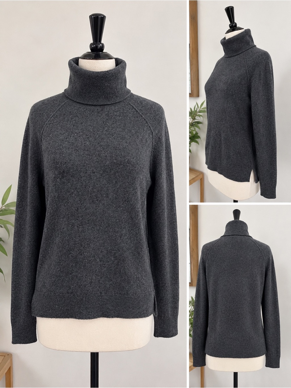 100% Cashmere Gray Turtleneck Sweater Size M High Low Hem Knyt & Lynk